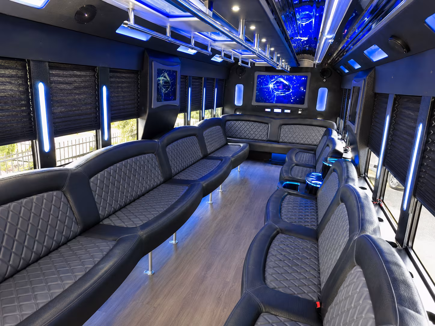 Wedding guests seated inside a party bus serving Grand Prairie