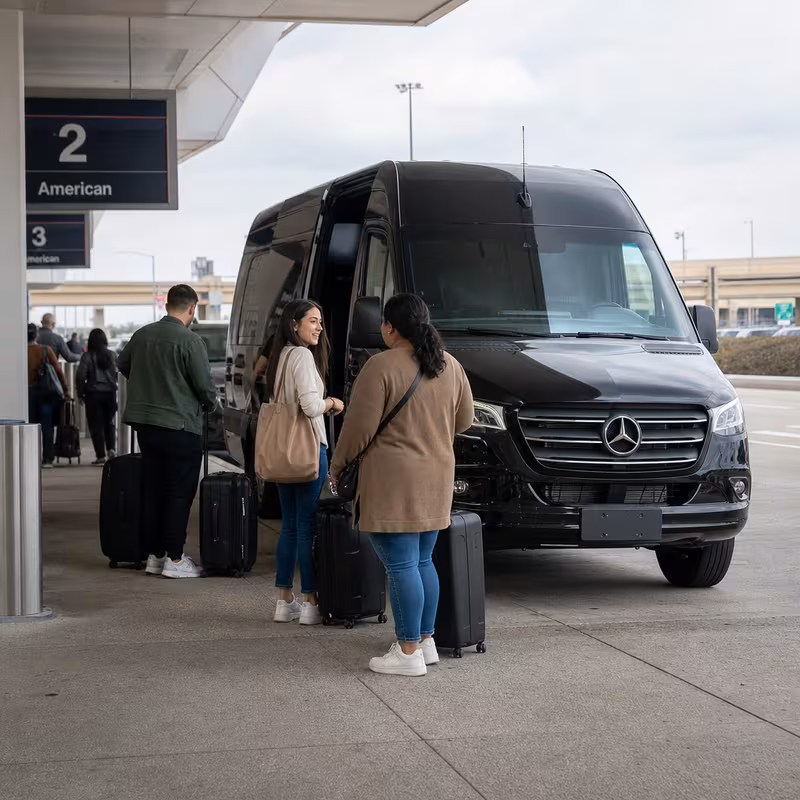Group boarding a white charter bus for Airport Transportation transportation in Grand Prairie