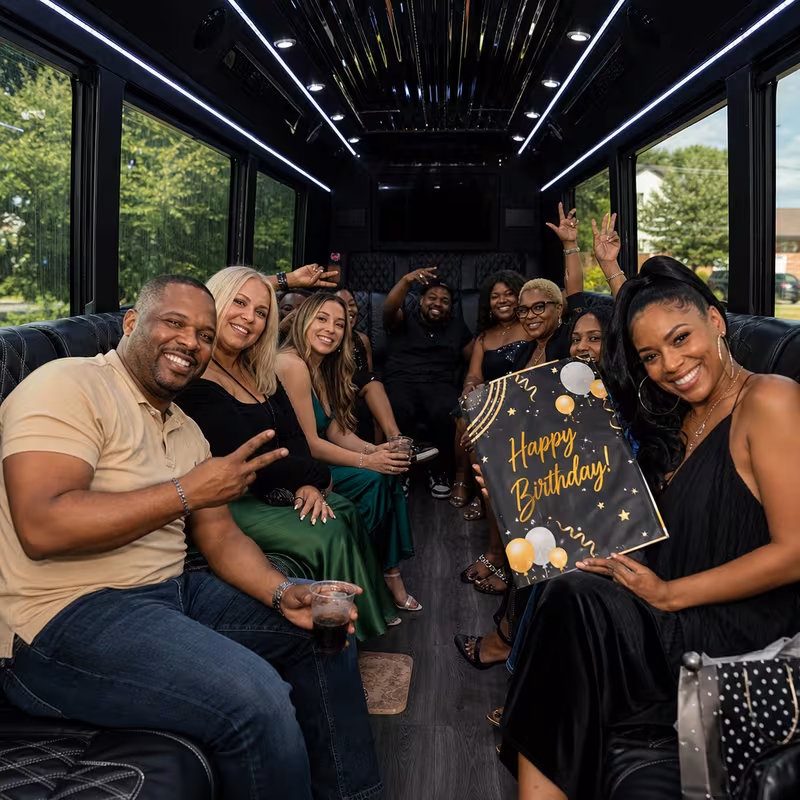 Black Mercedes Sprinter van staged for an Grand Prairie Birthday Transportation group
