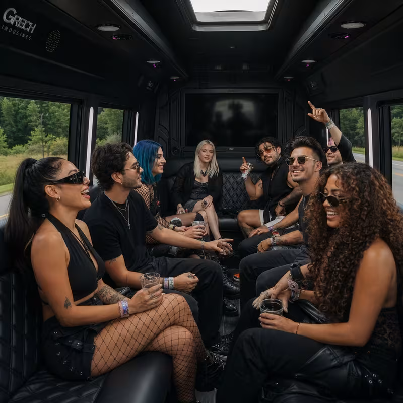 Group boarding a white charter bus for Concert Transportation transportation in Grand Prairie