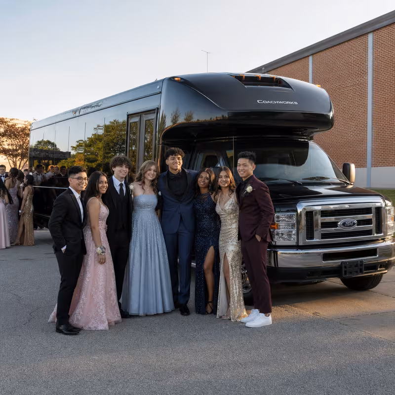 Group boarding a white charter bus for Prom & Homecoming Transportation transportation in Grand Prairie