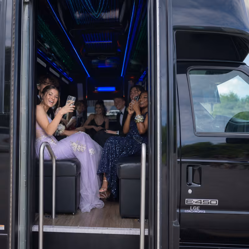 Black Mercedes Sprinter van staged for an Grand Prairie Prom & Homecoming Transportation group