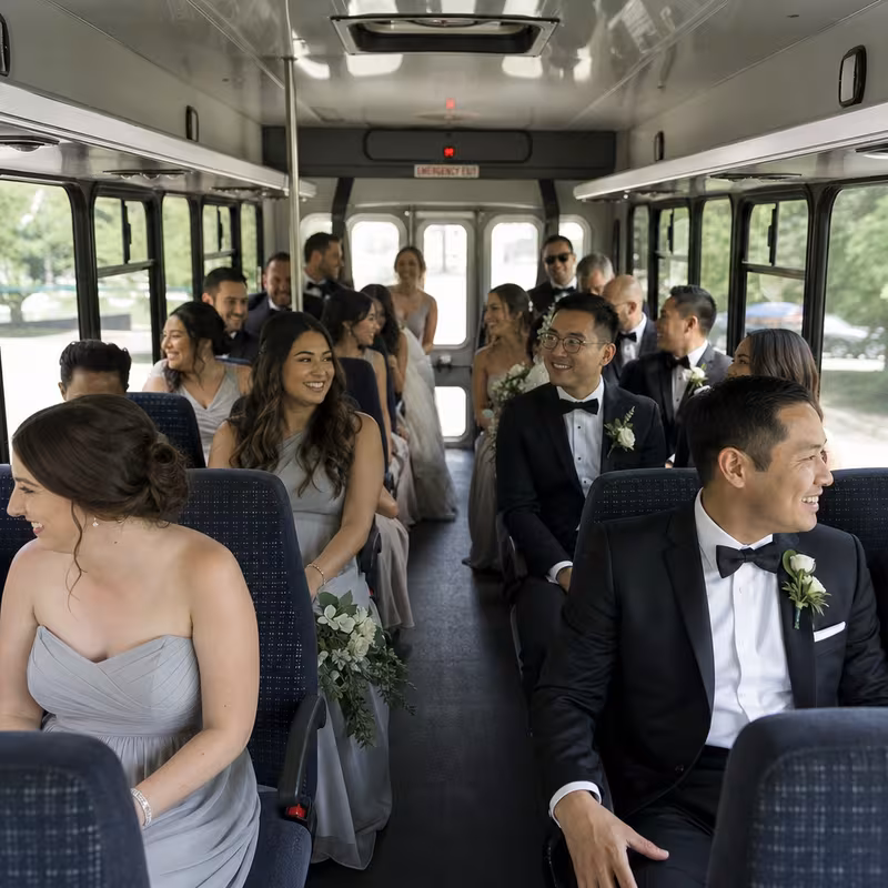 Group boarding a white charter bus for Wedding Transportation transportation in Grand Prairie